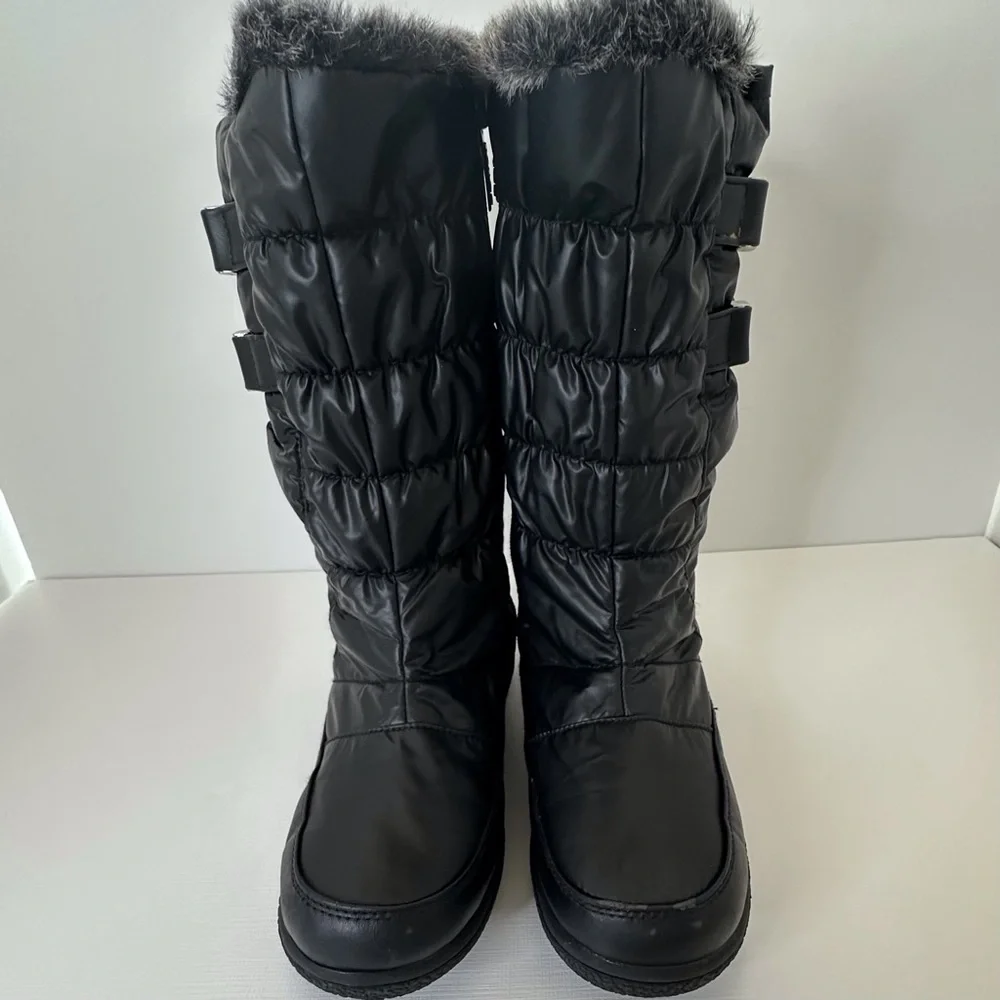Totes black‎ winter snow boots w/ faux fur trim side zipper & buckle women’s 6